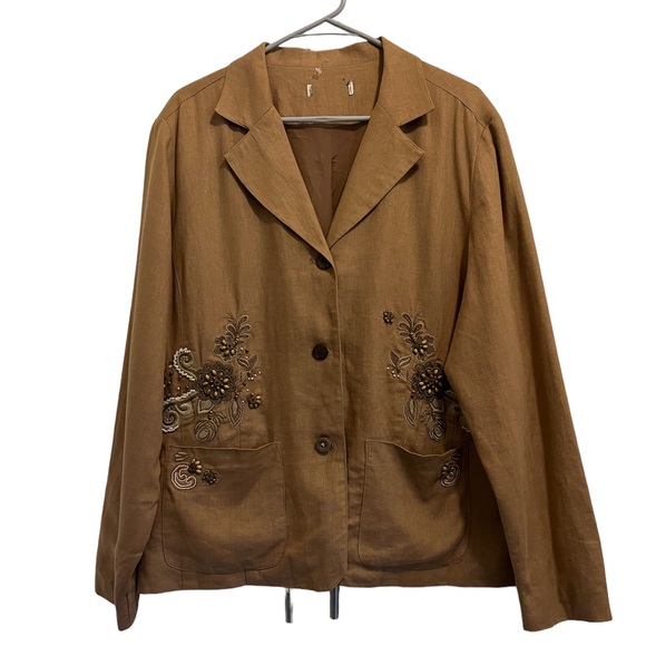 Women’s L (see measurements, no tag) Chestnut Brown Beaded Linen Lined Blazer - Picture 1 of 12